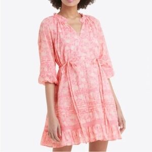 Draper James Kellie Babydoll Paisley Cotton Ruffle Pink Mini Dress 3X Boho Femme